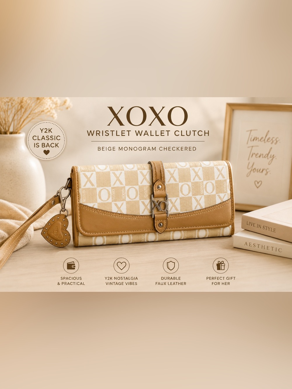 XOXO Beige Monogram Checkered Wristlet Wallet Clutch